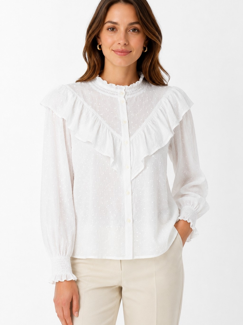 LOFT White Swiss Dot Ruffle Smocked high neck Blouse XL NWT Romantic Cottagecore